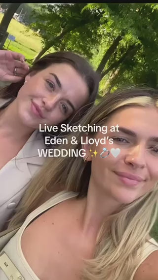 Load video: Live event wedding sketching. Drawing guests as they enter the event to print off and give as a personalised favour to take home